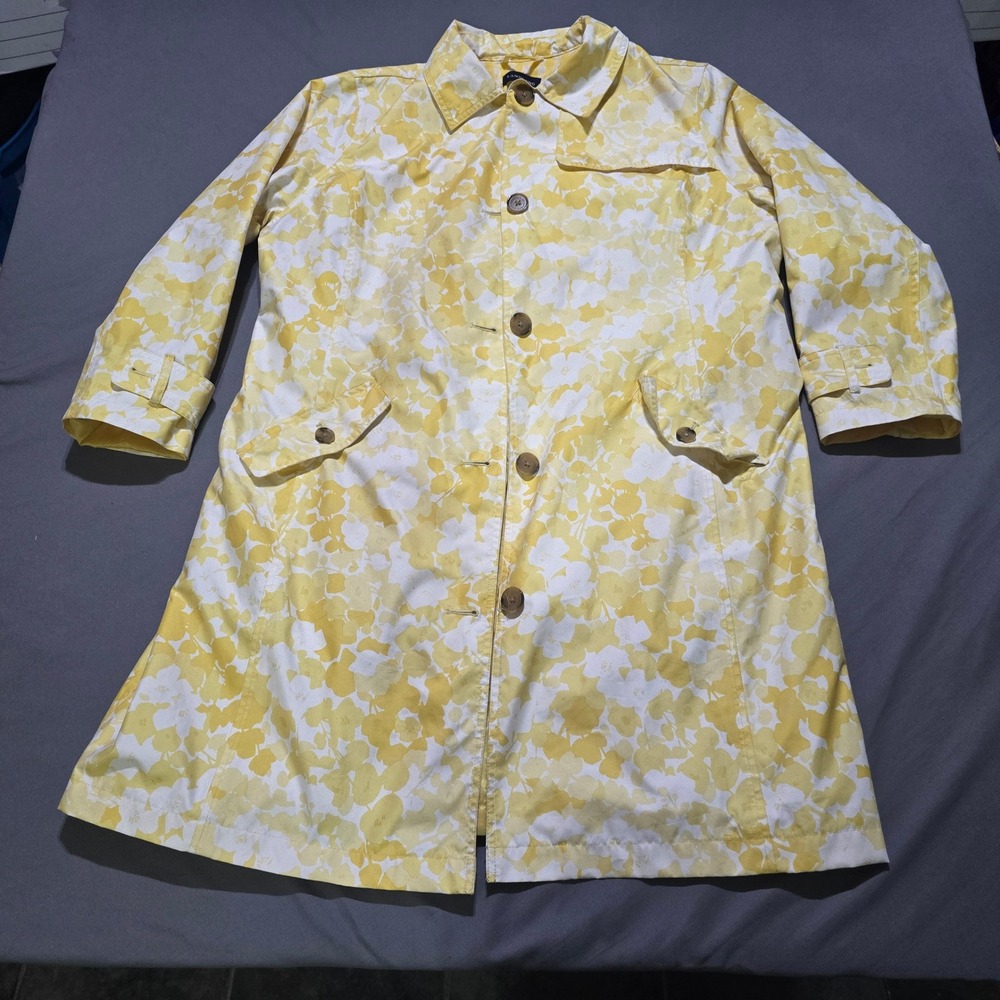 Lands End Trench Coat Women XL 18-20 Yellow White Floral Gingham Lined Jacket
